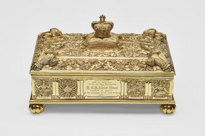 A silver-gilt address casket made by Edinburgh-based goldsmiths Marshall and Sons. The casket is engraved with the Prince's name, and decorated with Hindu and zodiac symbols, shamrocks, roses and thistles.
<br/>
<br/>Royal Collection Trust / Ã‚Â© Her Majesty Queen Elizabeth II 2017. Single use only. Not to be archived or sold on.
<br/>