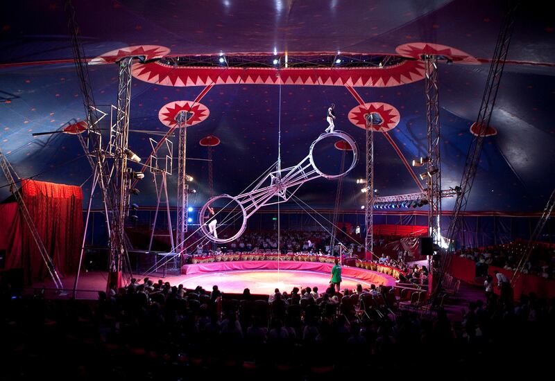 Abu Dhabi, United Arab Emirates, April 29, 2013: 
Colombian artists perform one of their stunts at the Monte Carlo circus on Monday morning, April 29, 2013, at the circus new temporary location in Mussafah, an industrial subsection of Abu Dhabi. 
Silvia Razgova / The National
