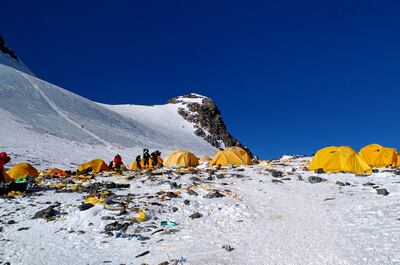Fluorescent tents, discarded climbing equipment, empty gas canisters and other waste littering Camp 4 on the well-trodden route to the summit of Mount Everest. AFP