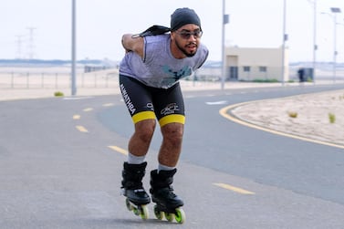 Mohamed Jasem Alzaabi, a member of the Madrollers community, skates at Al Wathba BicycleTrack. Victor Besa /The National 