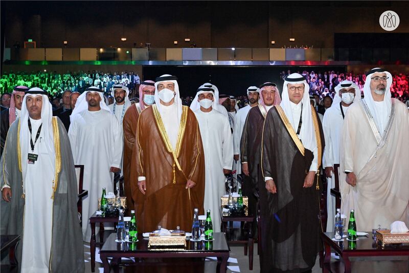 Sheikh Mansour with other sheikhs and officials at Adipec. Photo: Abu Dhabi Media Office