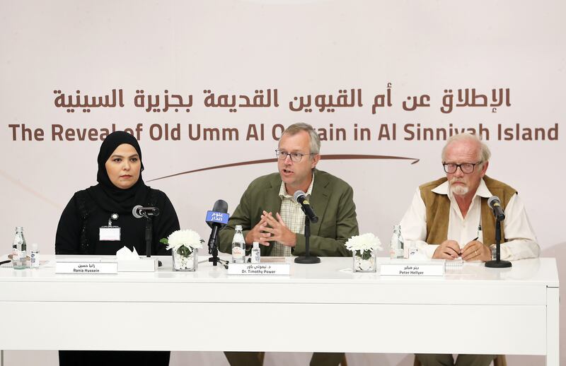 Left to right, Rania Hussein, head of the archaeology at UAQ department of tourism and archeology; Dr Timothy Power, associate professor of archaeology at United Arab Emirates University; and Peter Hellyer, adviser on cultural heritage at the UAE Ministry of Culture and Youth at the press conference about the latest archaeological discoveries on the emirate’s Al Sinniyah Island. Pawan Singh / The National