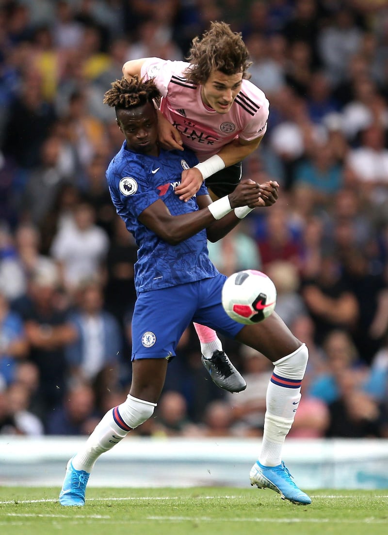 Abraham and Leicester's Caglar Soyuncu battle for the ball. PA Photo