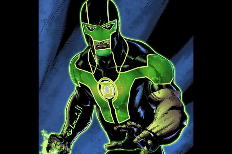 Simon Baz is a fictional comic book superhero appearing in books published by DC Comics, usually in those starring the Green Lantern Corps, an extraterrestrial police force of which Simon is a member. Simon Baz was a Lebanese-American child living in Dearborn, Michigan during the events of the September 11 attacks in 2001. The Arabic on his arm reads, COURAGE. Courtesy DC Comics