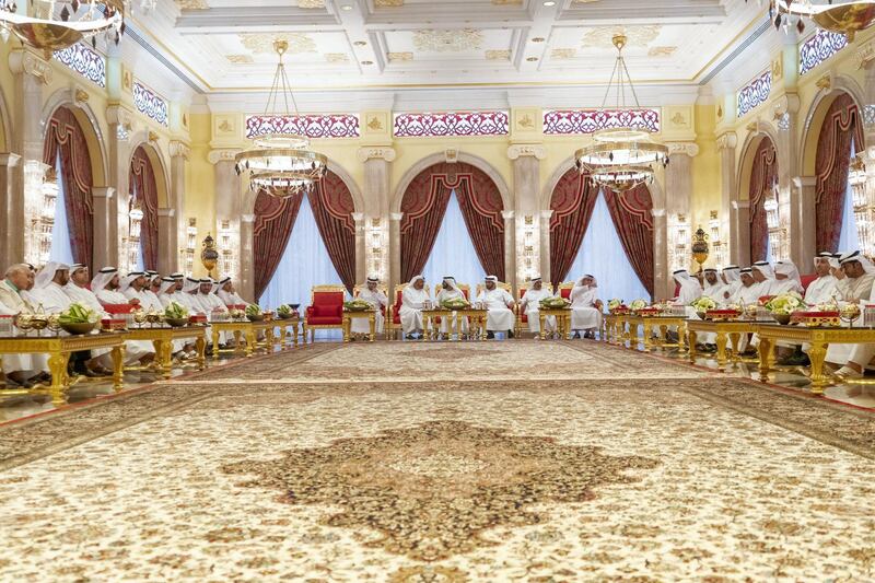 DUBAI, UNITED ARAB EMIRATES - May 19, 2019: HH Sheikh Mohamed bin Zayed Al Nahyan, Crown Prince of Abu Dhabi and Deputy Supreme Commander of the UAE Armed Forces (center 2nd L), attends an iftar reception hosted by HH Sheikh Mohamed bin Rashid Al Maktoum, Vice-President, Prime Minister of the UAE, Ruler of Dubai and Minister of Defence (center 3rd L), at Zabeel Palace. 

( Mohamed Al Hammadi / Ministry of Presidential Affairs )
---