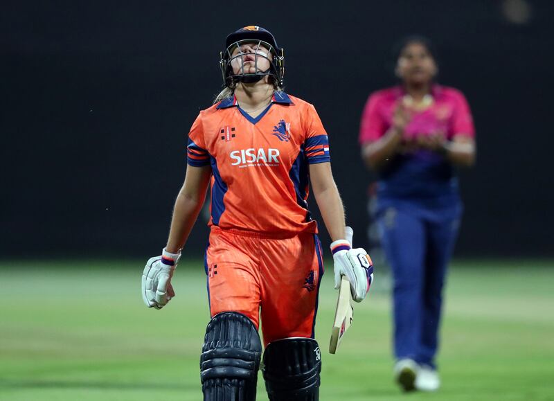 Netherlands opener  Sterre Kalis walks off after being caught lbw by Samaira Dharnidharka for a duck.