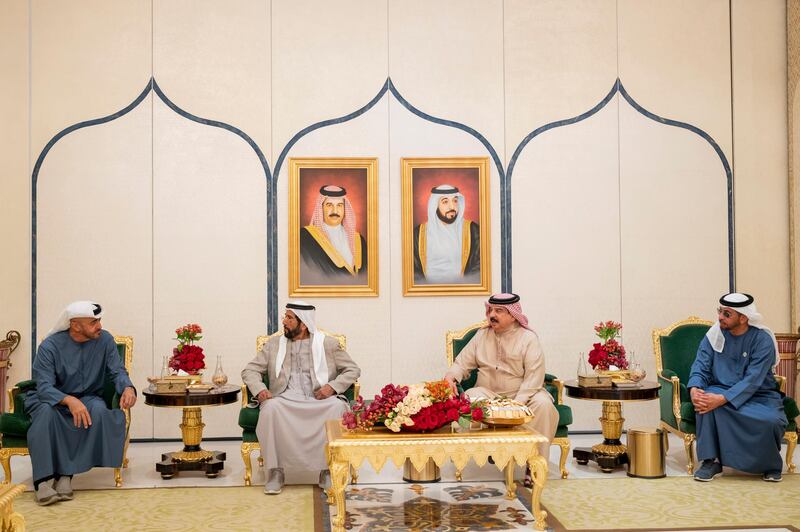 ABU DHABI, UNITED ARAB EMIRATES - February 22, 2021: HM King Hamad bin Isa Al Khalifa, King of Bahrain (2nd R), receives HH Sheikh Hamdan bin Zayed Al Nahyan, Ruler’s Representative in Al Dhafra Region (R), HH Sheikh Tahnoon bin Mohamed Al Nahyan, Ruler's Representative in Al Ain Region (3rd R) and HH Sheikh Mohamed bin Zayed Al Nahyan, Crown Prince of Abu Dhabi and Deputy Supreme Commander of the UAE Armed Forces (L).

( Mohamed Al Hammadi / Ministry of Presidential Affairs )
---