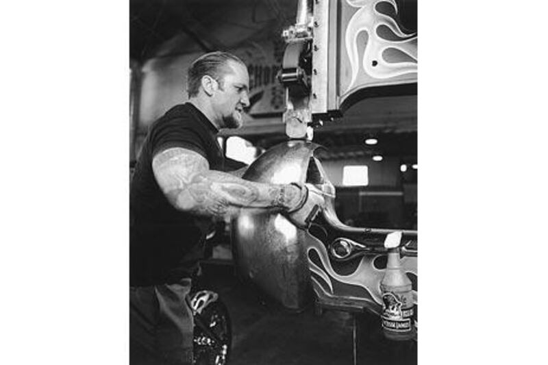 Jesse James at work at West Coast Choppers. Since establishing his custom shop in the early Nineties he has made more than 200 bikes.