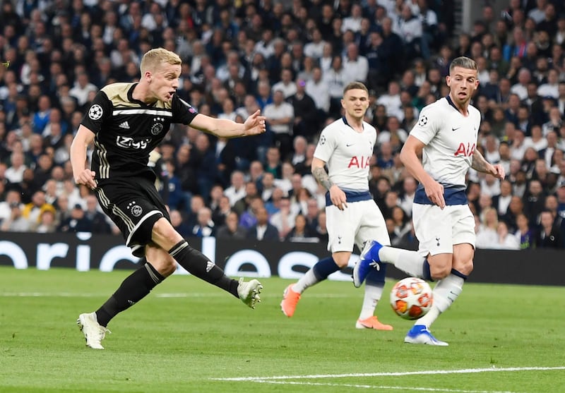 Ajax midfielder Donny van de Beek scores after 18 minutes against Tottenaham. EPA