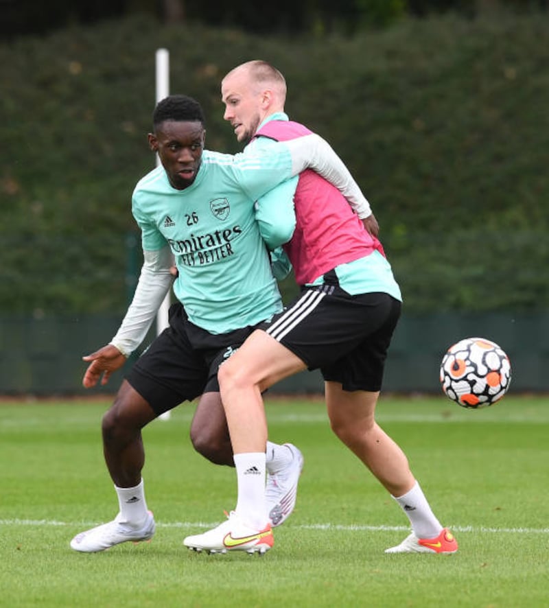 Flo Balogun, left, and Rob Holding at London Colney.