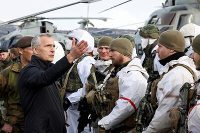 NATO Secretary General Jens Stoltenberg speaks to Dutch Marines taking part in a military exercise involving Nato countries and Sweden in the Arctic Circle, Norway. Reuters 
