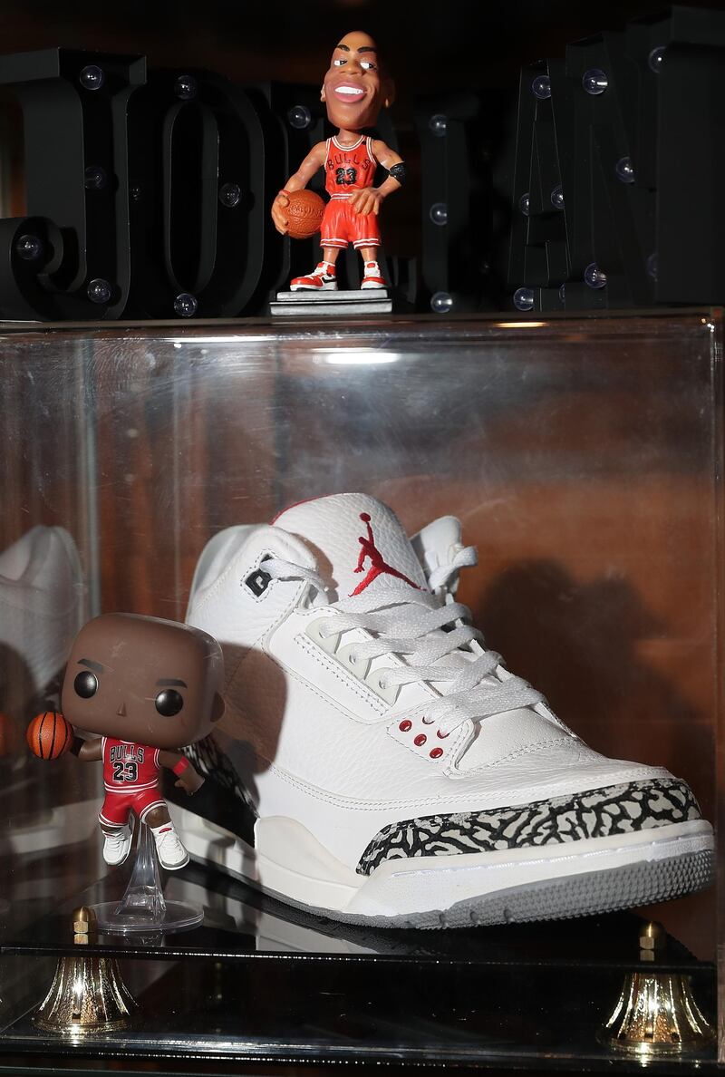 Figures and an Air Jordan show from the Michael Jordan toy historian collector Joshua De Vaney. Getty Images