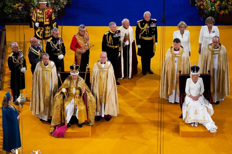 King Charles and Queen Camilla after being crowned in Westminster Abbey. Getty