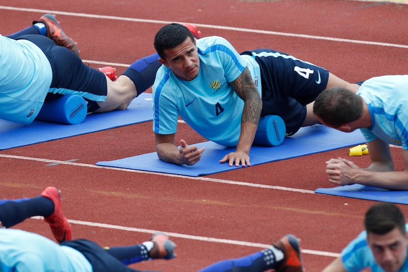 Australia's Tim Cahill stretches during a training session at the Olympic Stadium in San Pedro Sula, Honduras, Thursday, Nov. 9, 2017. Australia and Honduras will face for the first leg of the World Cup playoff on Friday. (AP Photo/Moises Castillo)