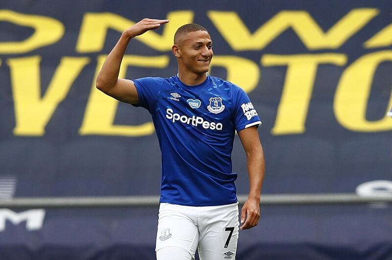 Richarlison of Everton celebrates after scoring during the Premier League match against Leicester City on July 1. EPA
