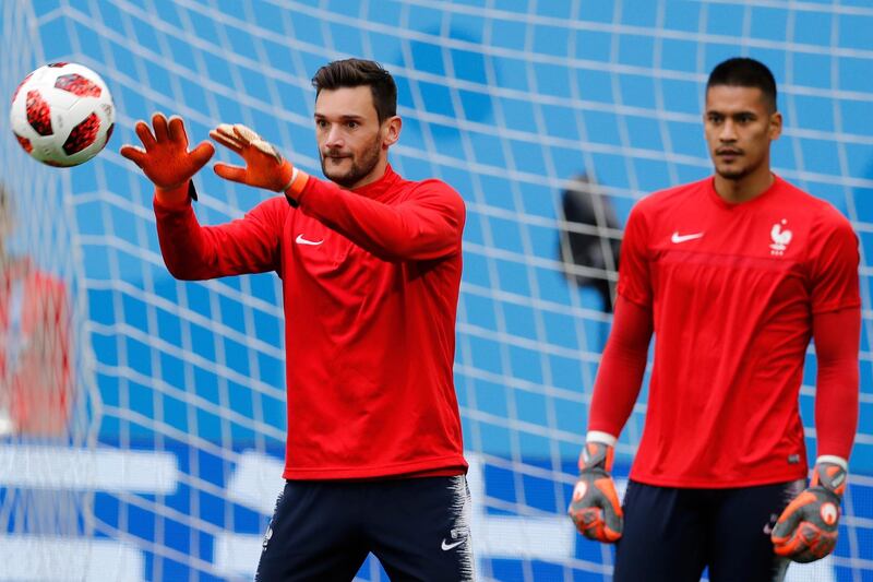 France goalkeeper Hugo Lloris catches the ball during an official training session at the eve of his semi-final against Belgium at the 2018 soccer World Cup in St. Petersburg, Russia, Monday, July 9, 2018. (AP Photo/David Vincent)