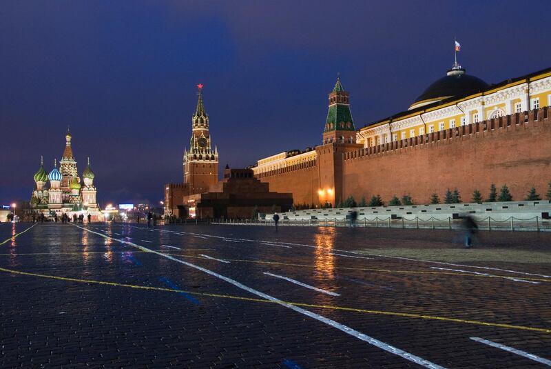 Red Square with St. Basil's, Saviour Gate Tower, Kremlin walls and Lenin Mausoleum.