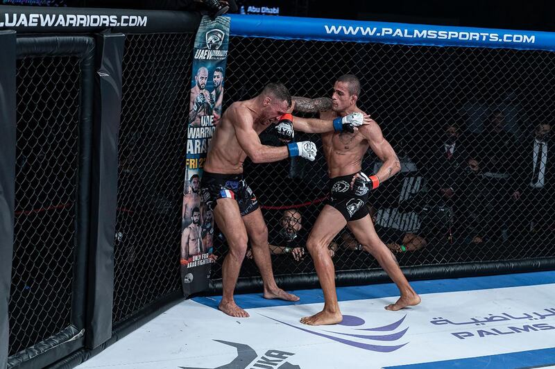 Bruno Machado has Mickael Lebout cornered in the Lightweight title fight in the UAE Warriors 15 at the Jiu-Jitsu Arena on Friday, January 15, 2021. Courtesy UAE Warriors