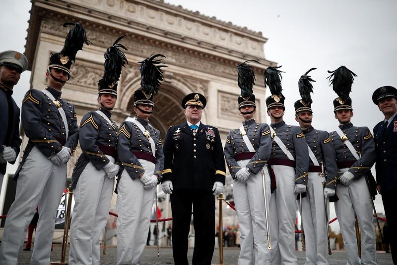 West Point cadets pose before a commemoration ceremony at the Arc de Triomphe in Paris, France. Reuters