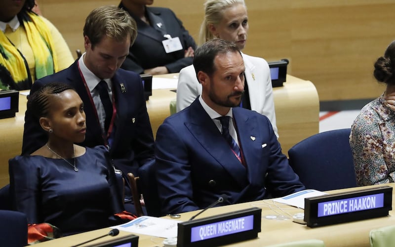 Queen Masenate Mohato Seeiso, left, of Lesotho and Crown Prince Haakon of Norway on the floor of the Trusteeship Council during the 73rd session of the General Assembly of the United Nations at United Nations Headquarters in New York.  EPA