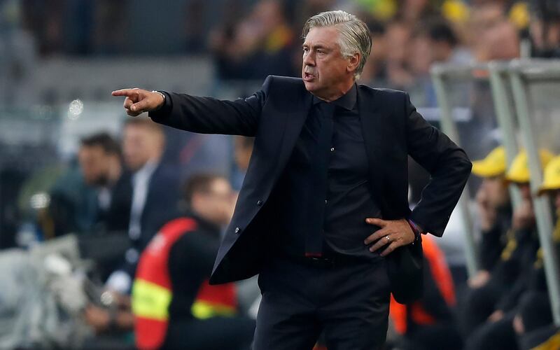 epa06127092 Bayern's head coach Carlo Ancelotti reacts during the German Supercup soccer match between Borussia Dortmund and FC Bayern Munich in Dortmund, Germany, 05 August 2017.  EPA/FRIEDEMANN VOGEL EMBARGO CONDITIONS - ATTENTION: Due to the accreditation guidelines, the DFL only permits the publication and utilisation of up to 15 pictures per match on the internet and in online media during the match.