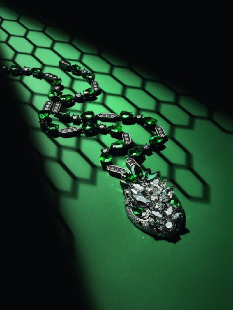 Serpenti Seduttori necklace in platinum with 12 marquise brilliant cut diamonds and 15 round brilliant cut diamonds, 28 round-, pear- and marquise-shaped emeralds and pavé diamonds, price on request. Courtesy Bulgari