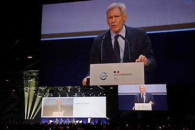 Harrison Ford delivers a speech during the World Conservation Congress. AFP
