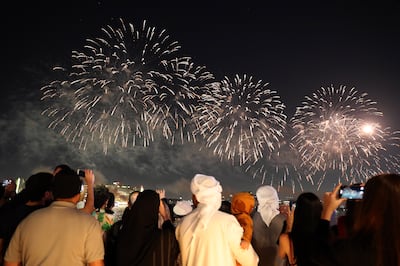Fireworks light up the sky over Yas Bay in Abu Dhabi. Pawan Singh / The National