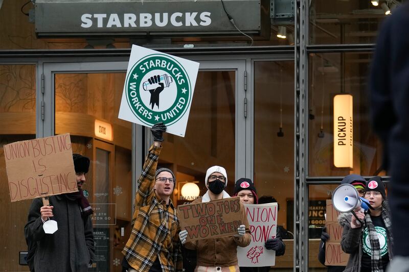 A Starbucks protest in New York on Thursday. AP