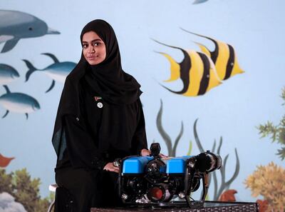 Abu Dhabi, U.A.E., November 28, 2018.  
Sara Al Ameri and her smart submarine equipped with sensors and cameras to record data as part of a University Innovation Programme. 
Victor Besa / The National
Section:  NA
Reporter:  Ramola Talwar