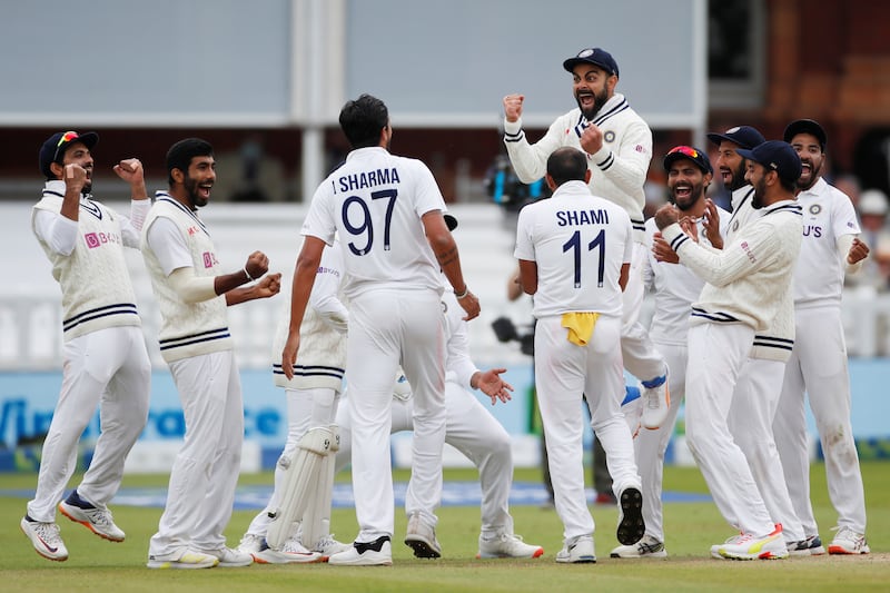 India bowler Ishant Sharma celebrates taking the wicket of England batsman Jonny Bairstow with Virat Kohli and teammates during the second Test at Lord's on Monday, August 16. Reuters