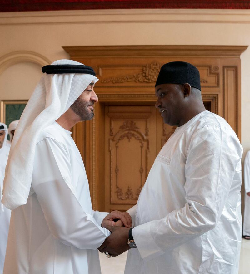 ABU DHABI, UNITED ARAB EMIRATES - July 15, 2019: HH Sheikh Mohamed bin Zayed Al Nahyan, Crown Prince of Abu Dhabi and Deputy Supreme Commander of the UAE Armed Forces (R), receives Adama Barrow, President of Gambia (L), during a Sea Palace barza. 

( Mohamed Al Hammadi / Ministry of Presidential Affairs )
---