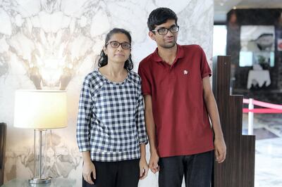 DUBAI, UNITED ARAB EMIRATES , September 29 – 2020 :- Neelam Bhatia with her son Dhiren Bhatia at the Bonnington hotel in JLT in Dubai. (Pawan Singh / The National) For News. Story by Kelly