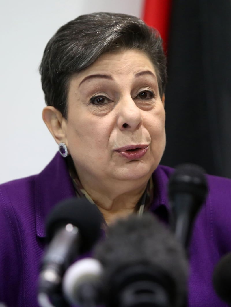 (FILES) In this file photo taken on February 24, 2015 Palestine Liberation Organisation (PLO) executive committee member Hanan Ashrawi speaks during a press conference in Ramallah. The senior Palestinian official has been refused a visa for the United States, she said on May 13, 2019, amid worsening relations between the two sides. Ashrawi, a longtime aide to Palestinian president Mahmud Abbas, announced on Twitter she had been turned down without being given a justification.
 / AFP / Abbas MOMANI
