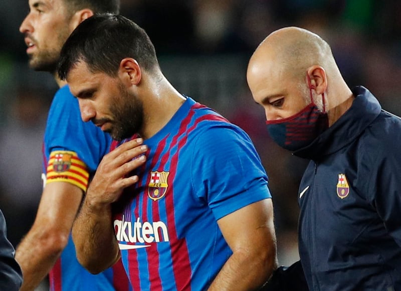Barcelona's Sergio Aguero leaves the pitch just before half time. Reuters