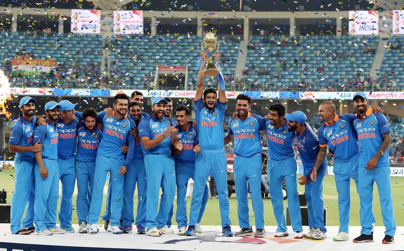 DUBAI , UNITED ARAB EMIRATES, September 28 , 2018 :- Members of the Indian cricket team celebrating after winning the final of Unimoni Asia Cup UAE 2018 cricket match beating Bangladesh at Dubai International Cricket Stadium in Dubai. ( Pawan Singh / The National )  For News/Sports/Instagram/Big Picture. Story by Paul