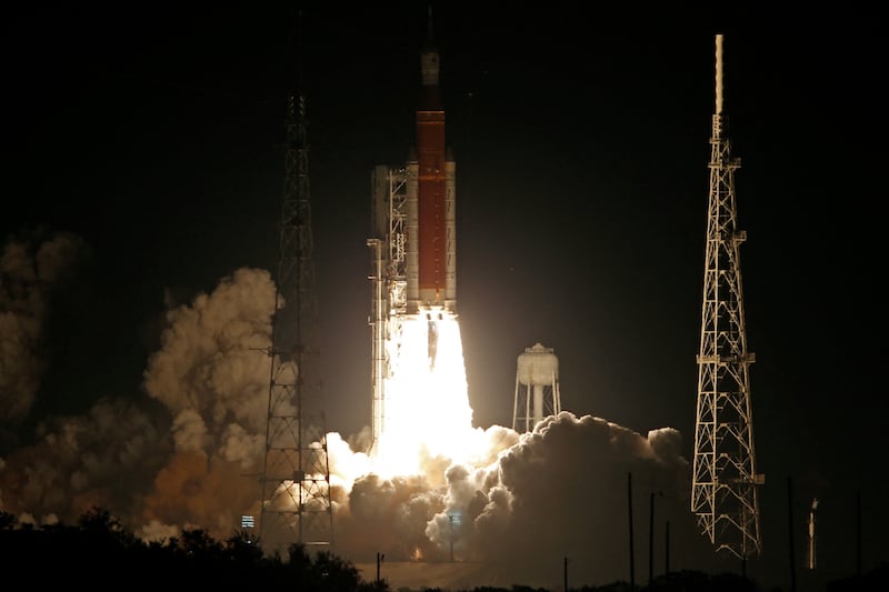 The unmanned Space Launch System (SLS) rocket with the Orion crew capsule attached launched from complex 39B. Reuters