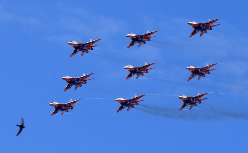Russian MiG-29 jet fighters of the Strizhi aerobatics team perform during the Maks 2021 air show in Zhukovsky, outside Moscow, on July 25, 2021. Reuters