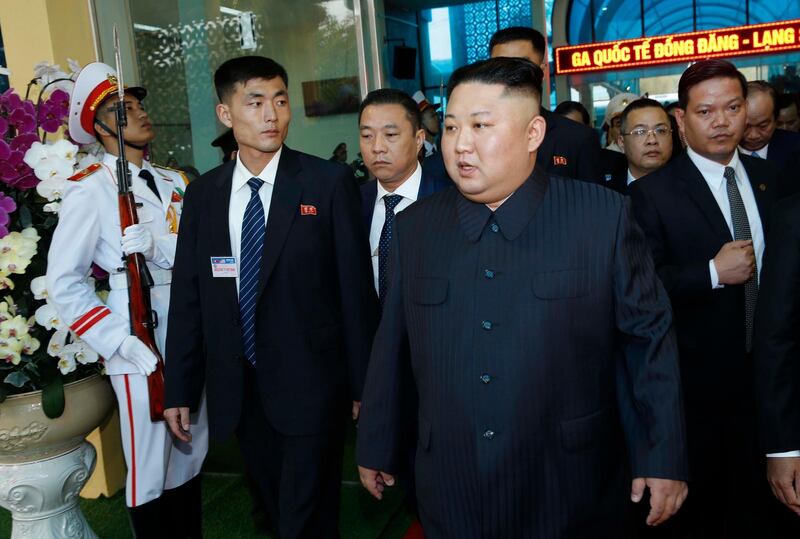 Kim Jong-un walks through the Dong Dang Railway Station. EPA