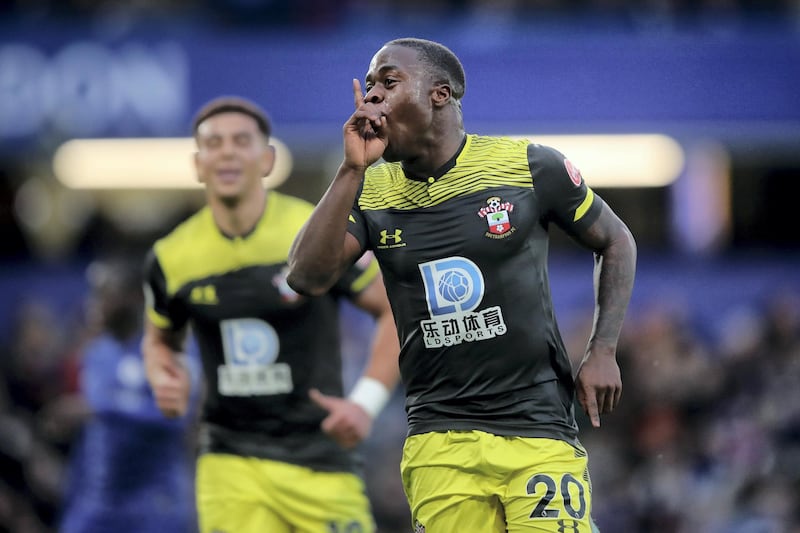 LONDON, ENGLAND - DECEMBER 26: Michael Obafemi of Southampton celebrates his goal during the Premier League match between Chelsea FC and Southampton FC at Stamford Bridge on December 26, 2019 in London, United Kingdom. (Photo by Marc Atkins/Getty Images)