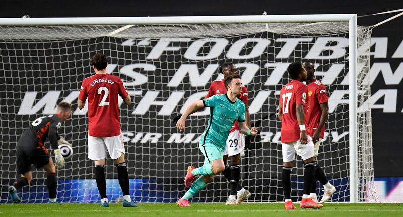 Liverpool's Diogo Jota celebrates scoring their first goal of the game at Old Trafford on Thursday. PA