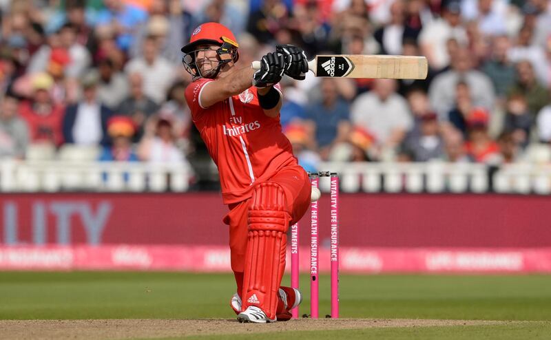 BIRMINGHAM, ENGLAND - SEPTEMBER 15: Liam Livingstone of Lancashire hits out during the Vitality T20 Blast first semi-final between Worcestershire Rapids vs Lancashire Lightnings at Edgbaston cricket ground on September 15, 2018 in Birmingham, England. (Photo by Philip Brown/Getty Images)