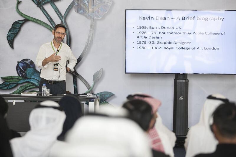 Kevin Dean returned to the mosque this week to meet with tour guides, students and visitors to discuss his work. Mona Al Marzooqi / The National