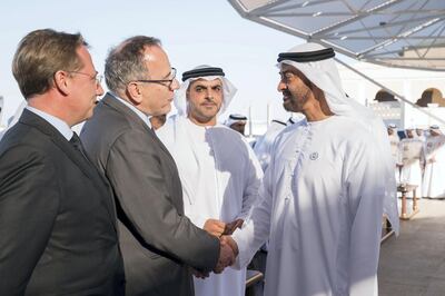 ABU DHABI, UNITED ARAB EMIRATES - March 19, 2018: HH Sheikh Mohamed bin Zayed Al Nahyan Crown Prince of Abu Dhabi Deputy Supreme Commander of the UAE Armed Forces (R), receives Professor Jean Chambaz, President of Sorbonne University and Chancellor of Sorbonne University Abu Dhabi (2nd L), during a Sea Palace barza. 

( Mohamed Al Hammadi / Crown Prince Court - Abu Dhabi )
---