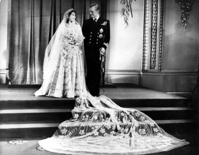 Princess Elizabeth and Prince Philip, the Duke of Edinburgh, at Buckingham Palace after their wedding in 1947.  Getty Images 