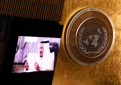 King Salman of Saudi Arabia delivers a pre-recorded message at the 76th UN General Assembly last week. AFP