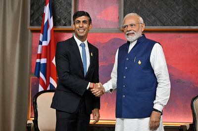 British Prime Minister Rishi Sunak and India leader Narendra Modi met on November 16 in Nusa Dua, Bali. Reuters