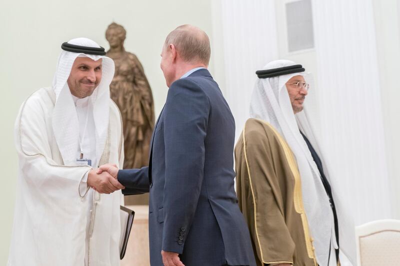 MOSCOW, RUSSIA - June 01, 2018: HE Vladimir Putin Vladimirovich, President of Russia (2nd L) greets HH Sheikh Tahnoon bin Zayed Al Nahyan, UAE National Security Advisor (L), at the Kremlin Palace. Seen with HE Dr Anwar bin Mohamed Gargash, UAE Minister of State for Foreign Affairs (R).

( Rashed Al Mansoori / Crown Prince Court - Abu Dhabi )
---