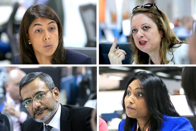 Clockwise from top left: Ambareen Musa, founder and CEO of Souqalmal.com, The National columnist Keren Bobker, Rasheda Khatun from Financial Life Planner, and Jamel Alvi, chief credit officer of Abu Dhabi Islamic Bank, during a roundtable panel discussion on why people are getting into excessive debt, how this situation can be resolved and where they can turn for help. Ravindranath K / The National and Marwan Alhammadi / The National