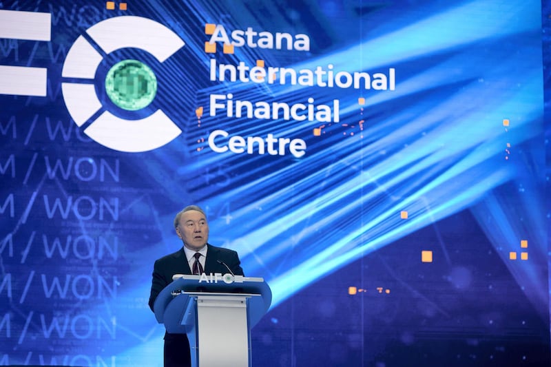 ASTANA, KAZAKHSTAN - July 05, 2018: HH Sheikh  HE Nursultan Nazarbayev, President of Kazakhstan (C) delivers a speach during the opening ceremony of Astana International Financial Centre.

( Hamad Al Kaabi / Crown Prince Court - Abu Dhabi )